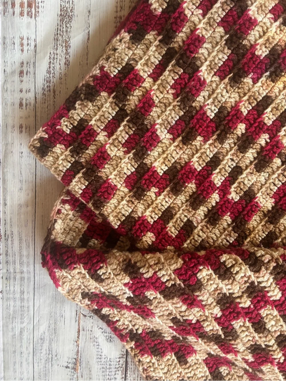 Handmade Crocheted Scarf in Cream, Brown & Red 60” x 60”